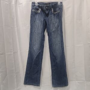 Classic Blue Boot Cut Jeans with Distressed Details